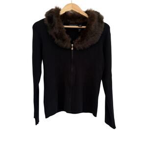 Liz Claiborne Crazy Horse Faux Fur Lined Knit Jacket Womens Small Chic Black